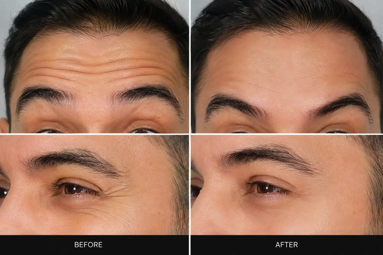 Before and after anti-wrinkle Botox treatment for forehead lines and crow's feet