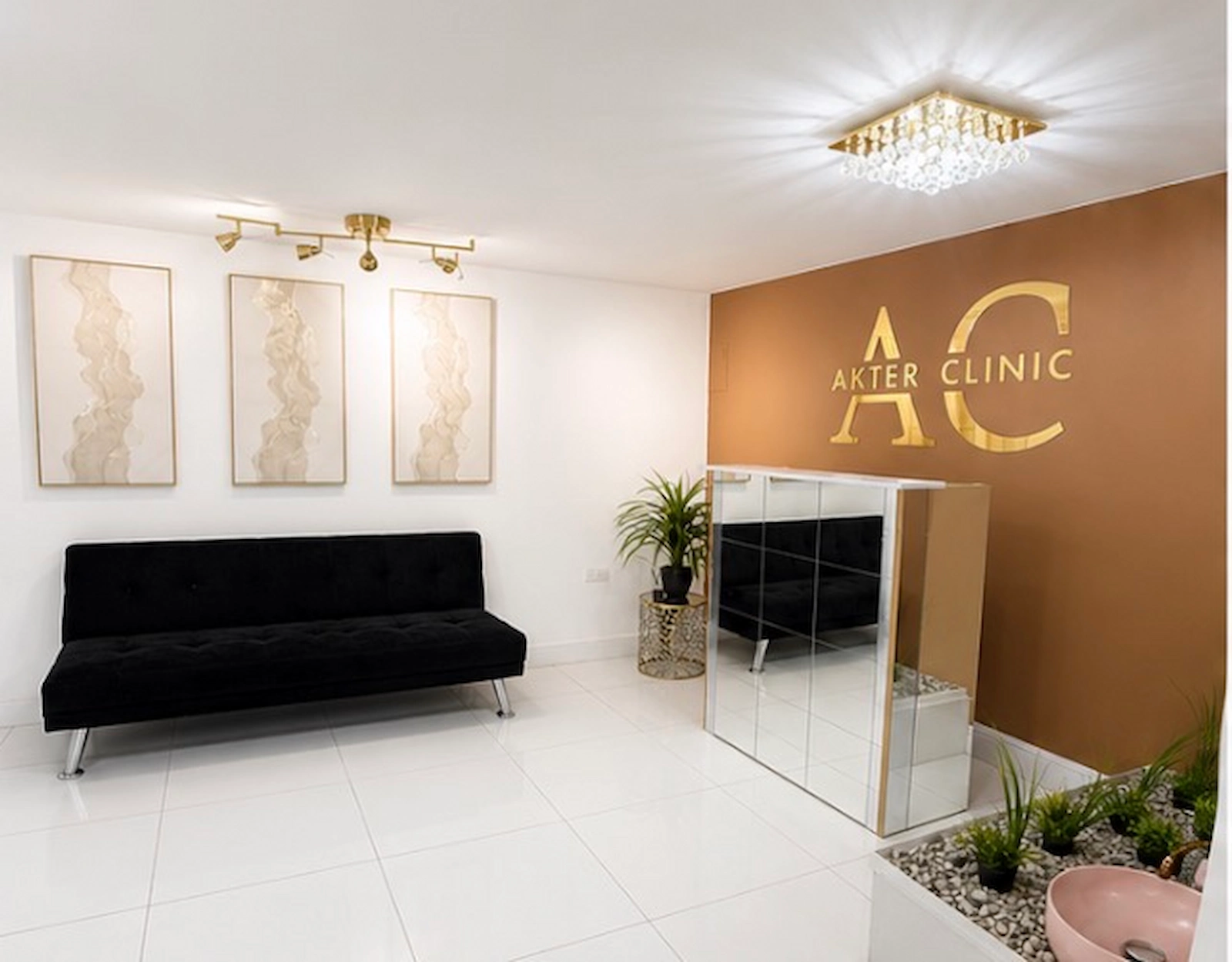 Akter Clinic reception and waiting area with branded feature wall