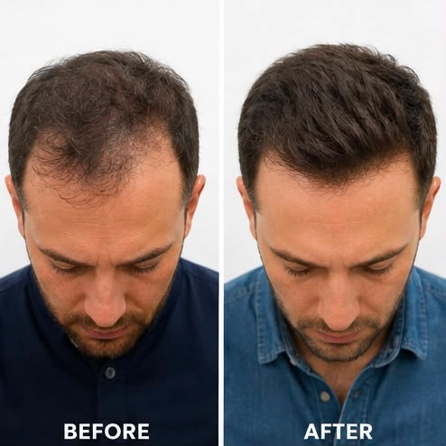 Before and after hair restoration result at Akter Clinic showing improved hair coverage